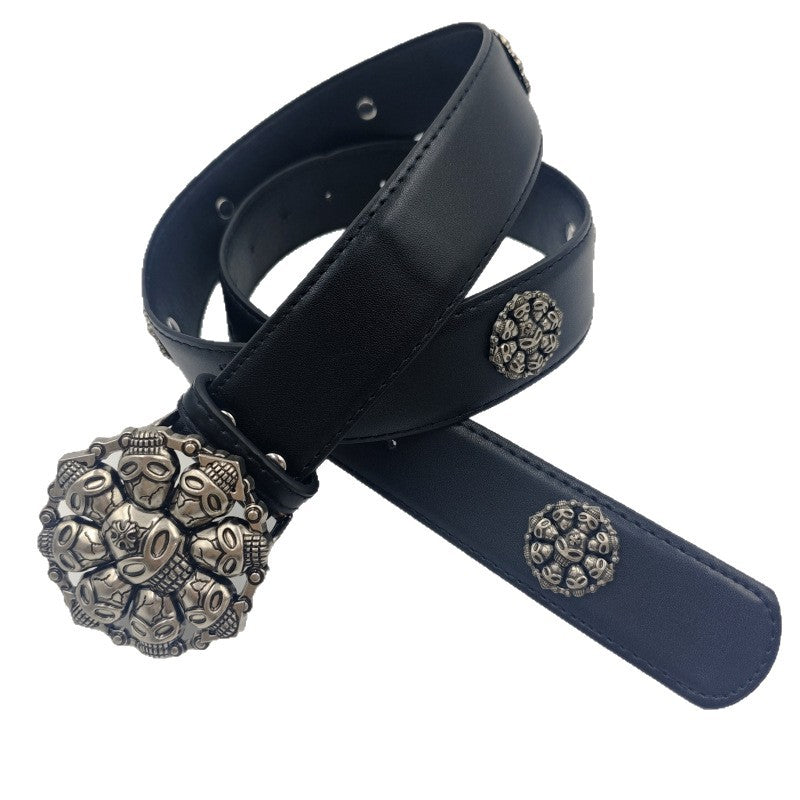 Punk Skull Belt With Snap Buckle In Dyed Black PU Leather Featuring Alloy Buckle Material