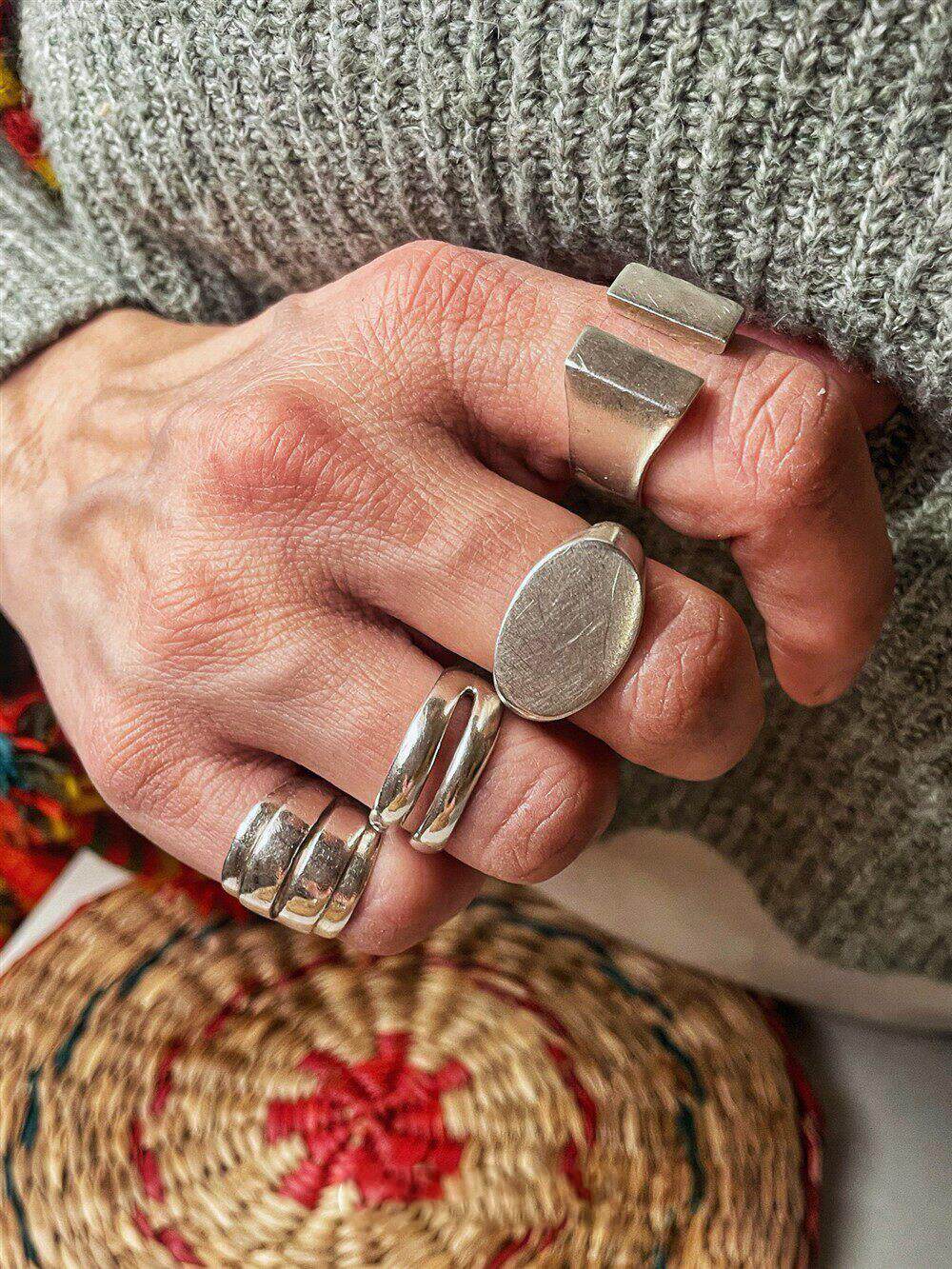 Retro Geometric Rings For Women In 925 Sterling Silver With Electroplated Gold Plating, Silver Color