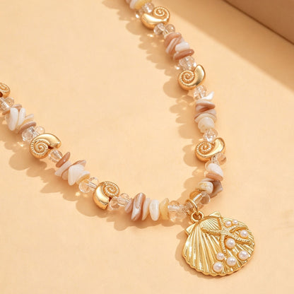 Marine Style Shell Pendant Necklace For Women With Alloy Pendant And Natural Stone Inlay