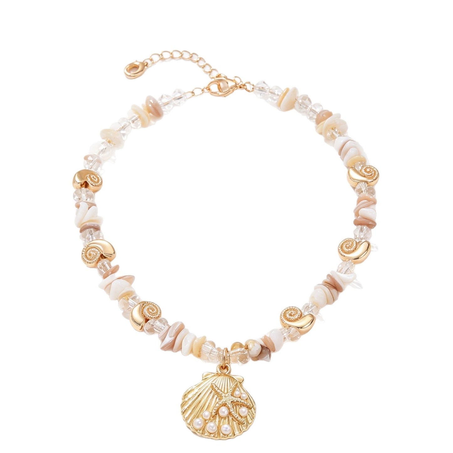 Marine Style Shell Pendant Necklace For Women With Alloy Pendant And Natural Stone Inlay