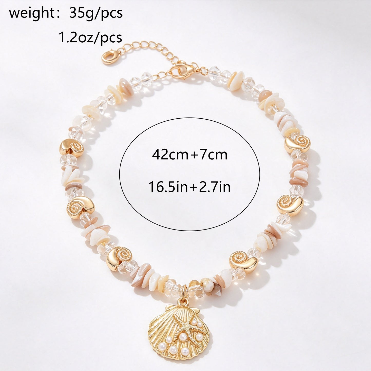 Marine Style Shell Pendant Necklace For Women With Alloy Pendant And Natural Stone Inlay