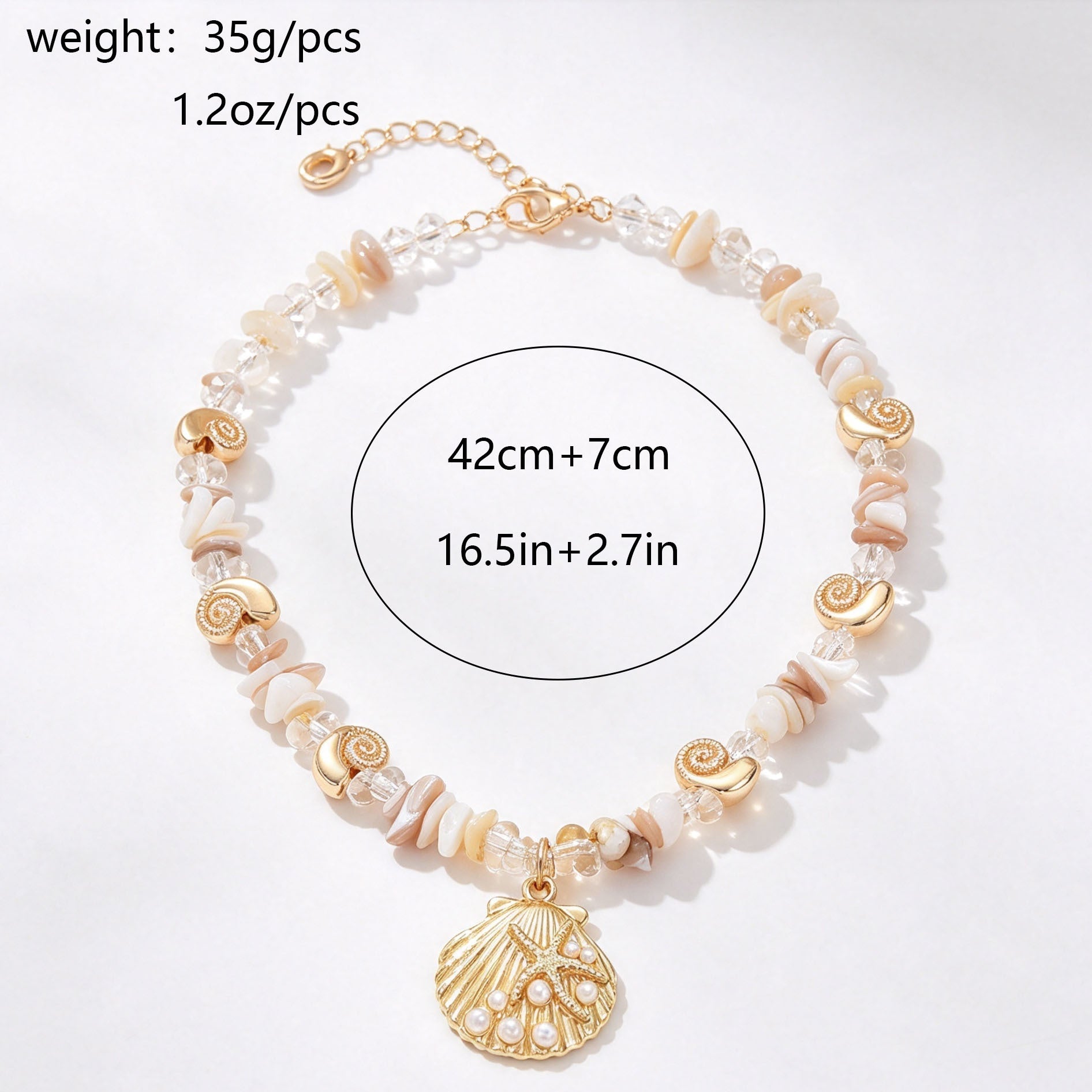 Marine Style Shell Pendant Necklace For Women With Alloy Pendant And Natural Stone Inlay
