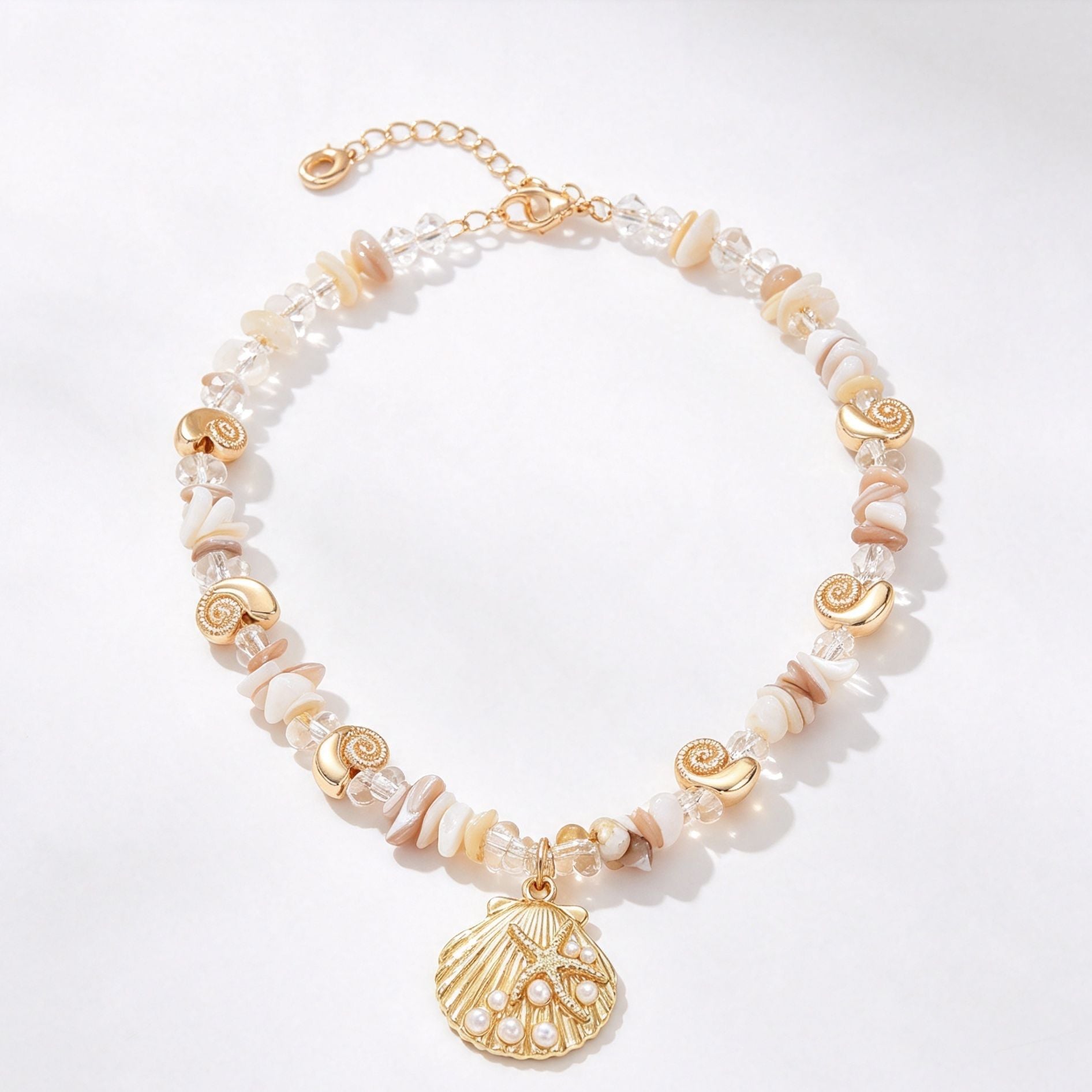 Marine Style Shell Pendant Necklace For Women With Alloy Pendant And Natural Stone Inlay
