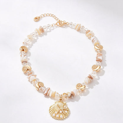 Marine Style Shell Pendant Necklace For Women With Alloy Pendant And Natural Stone Inlay