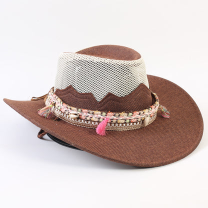 Unisex Cowboy Style Solid Color Straw Hat With Wide Brim, Breathable Design Featuring Braid Craftsmanship