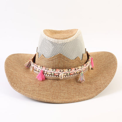 Unisex Cowboy Style Solid Color Straw Hat With Wide Brim, Breathable Design Featuring Braid Craftsmanship