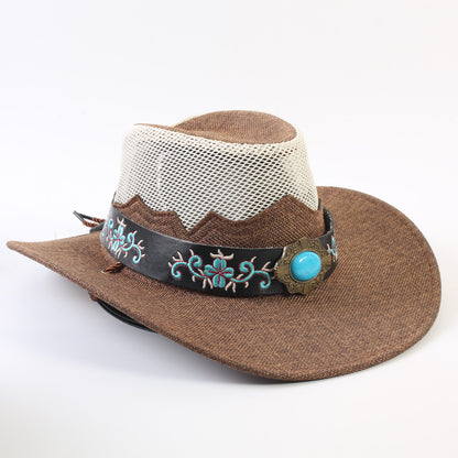 Unisex Cowboy Style Solid Color Straw Hat With Wide Brim, Breathable Design Featuring Braid Craftsmanship
