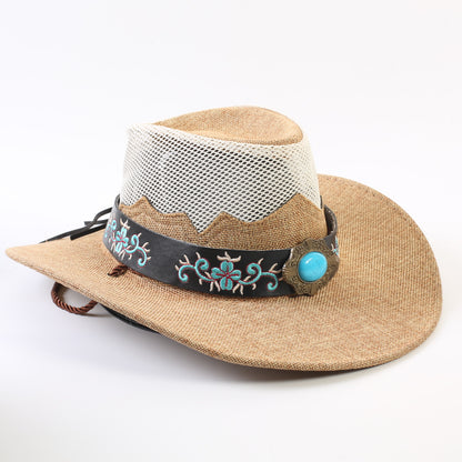 Unisex Cowboy Style Solid Color Straw Hat With Wide Brim, Breathable Design Featuring Braid Craftsmanship