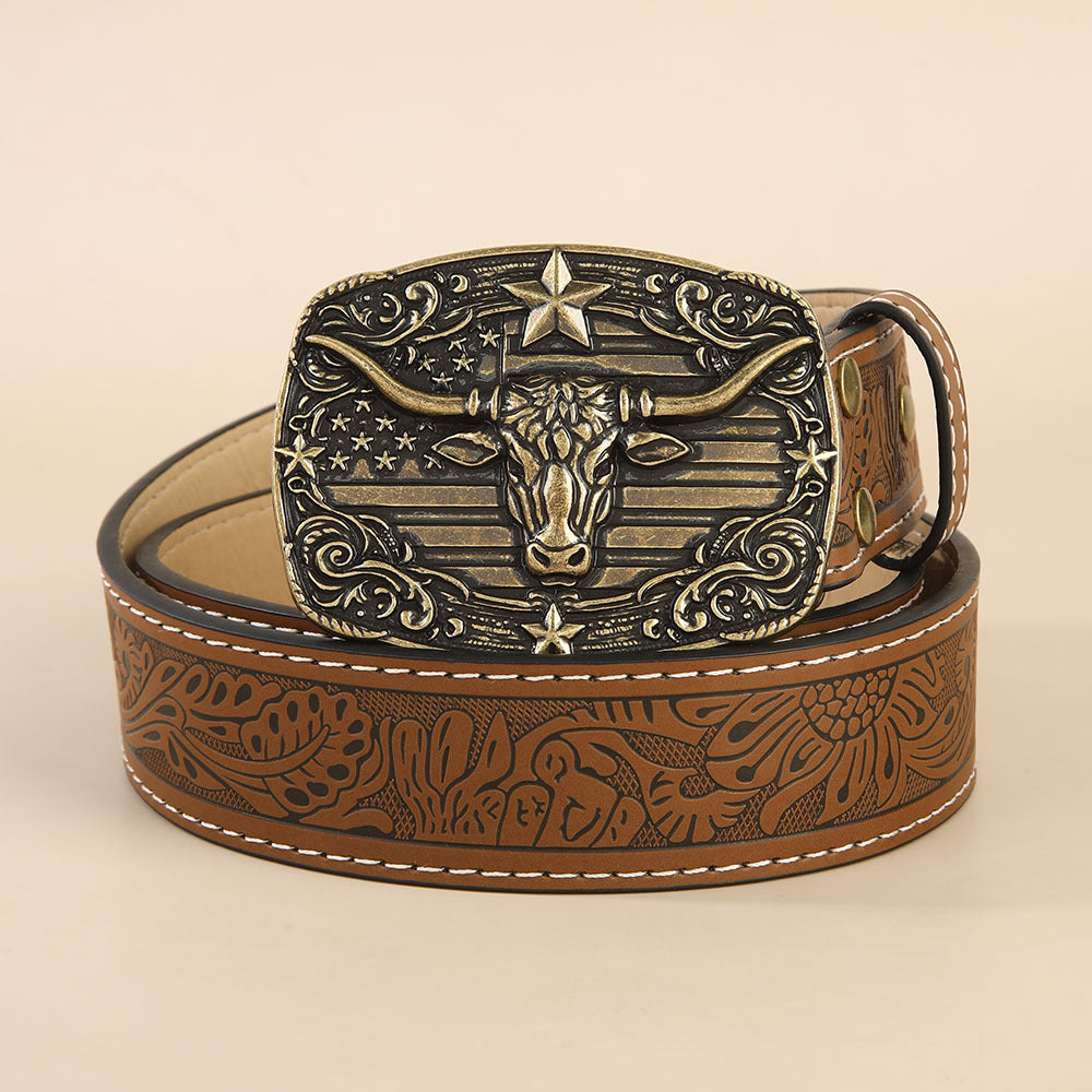 Retro Unisex Fashion Belt With Smooth Alloy Buckle, Embossed PU Leather Featuring Cattle Pattern