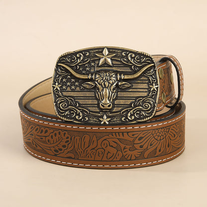 Retro Unisex Fashion Belt With Smooth Alloy Buckle, Embossed PU Leather Featuring Cattle Pattern