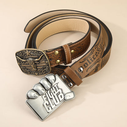 Retro Unisex Fashion Belt With Smooth Alloy Buckle, Embossed PU Leather Featuring Cattle Pattern
