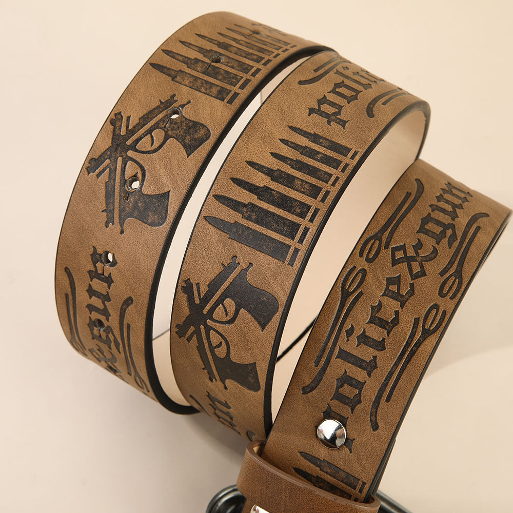 Retro Unisex Fashion Belt With Smooth Alloy Buckle, Embossed PU Leather Featuring Cattle Pattern