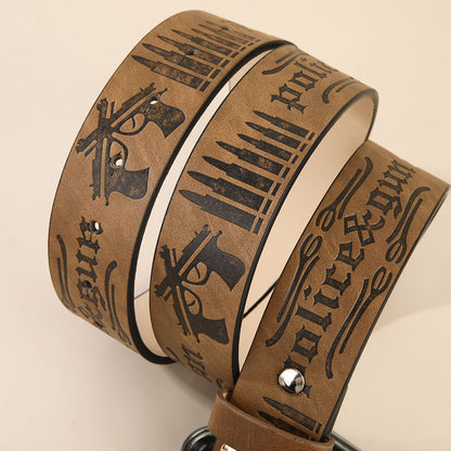 Retro Unisex Fashion Belt With Smooth Alloy Buckle, Embossed PU Leather Featuring Cattle Pattern
