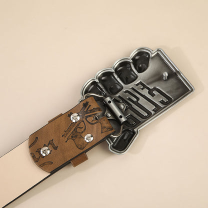 Retro Unisex Fashion Belt With Smooth Alloy Buckle, Embossed PU Leather Featuring Cattle Pattern