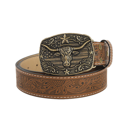Retro Unisex Fashion Belt With Smooth Alloy Buckle, Embossed PU Leather Featuring Cattle Pattern