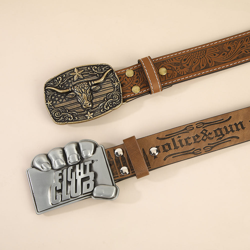 Retro Unisex Fashion Belt With Smooth Alloy Buckle, Embossed PU Leather Featuring Cattle Pattern