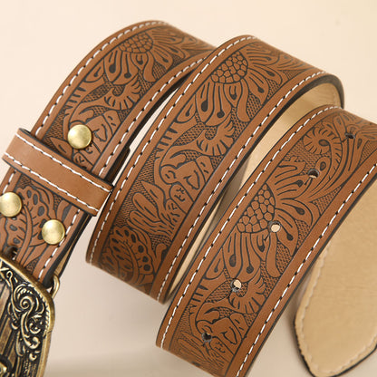Retro Unisex Fashion Belt With Smooth Alloy Buckle, Embossed PU Leather Featuring Cattle Pattern
