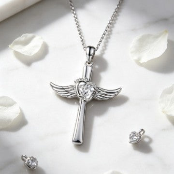 Silver Wings Necklace For Women With Copper Pendant And Zircon Inlay On Cable Chain