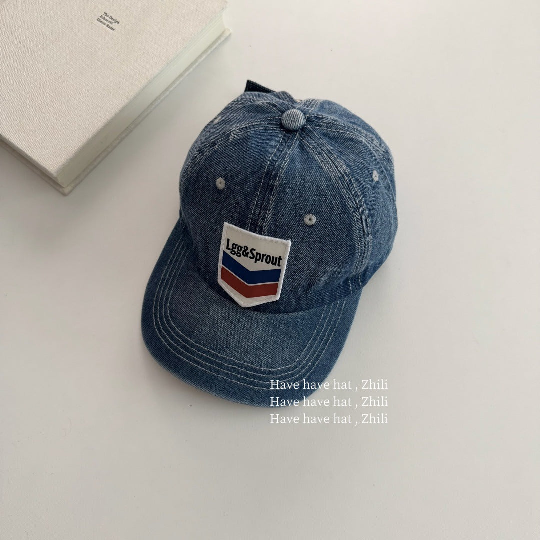 Retro Unisex Baseball Cap With Curved Brim, Denim Material Featuring Appliques And UV Protection
