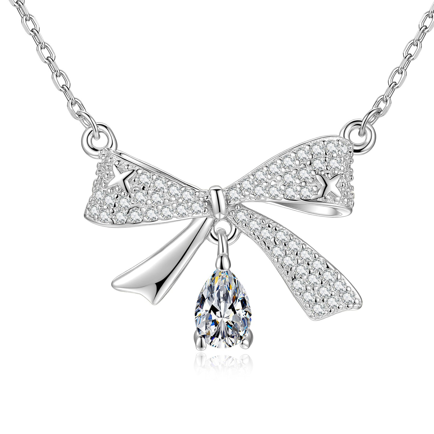Bow Tie Pendant In 925 Sterling Silver With Moissanite Inlay, Simple Style Chain For Women