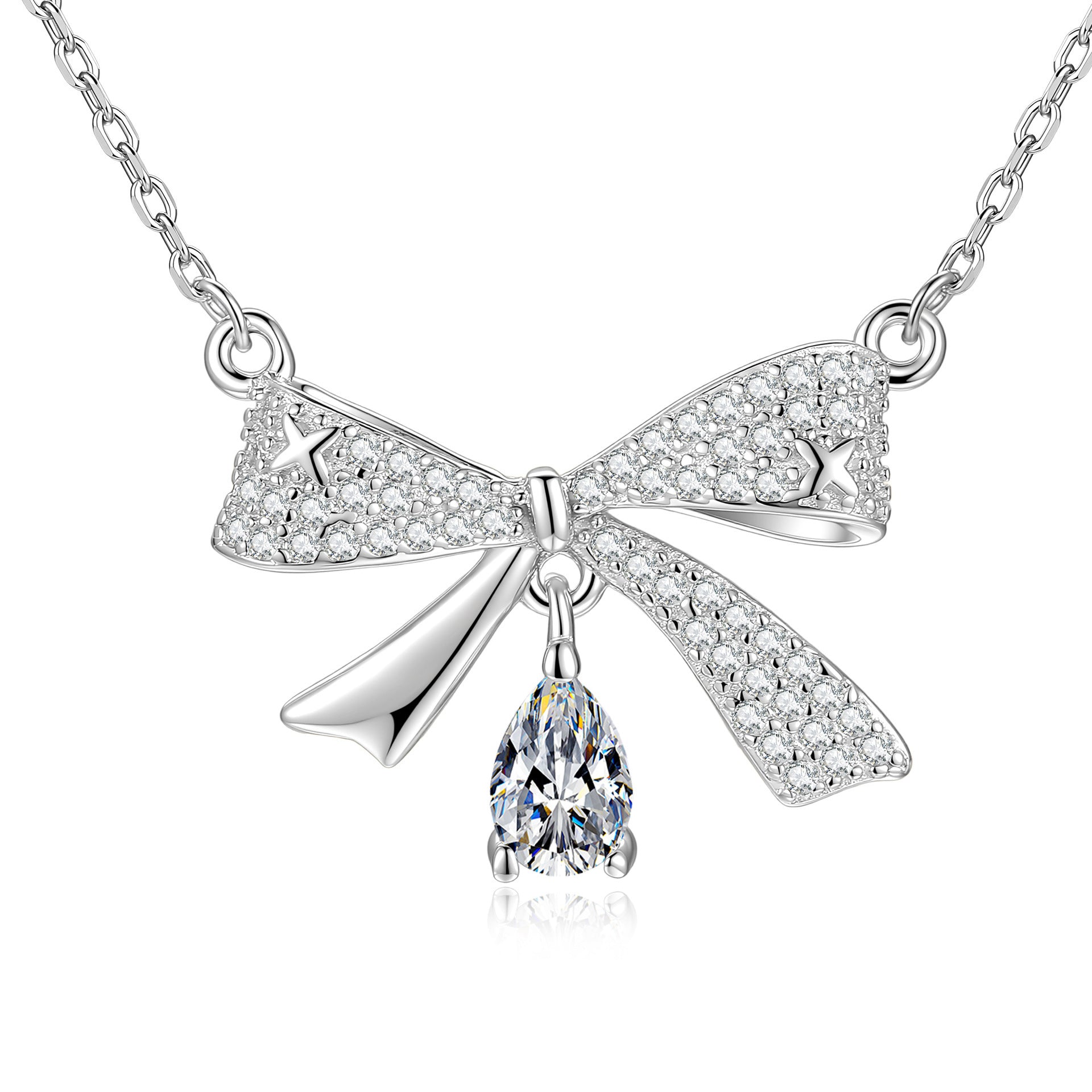 Bow Tie Pendant In 925 Sterling Silver With Moissanite Inlay, Simple Style Chain For Women