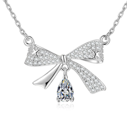 Bow Tie Pendant In 925 Sterling Silver With Moissanite Inlay, Simple Style Chain For Women