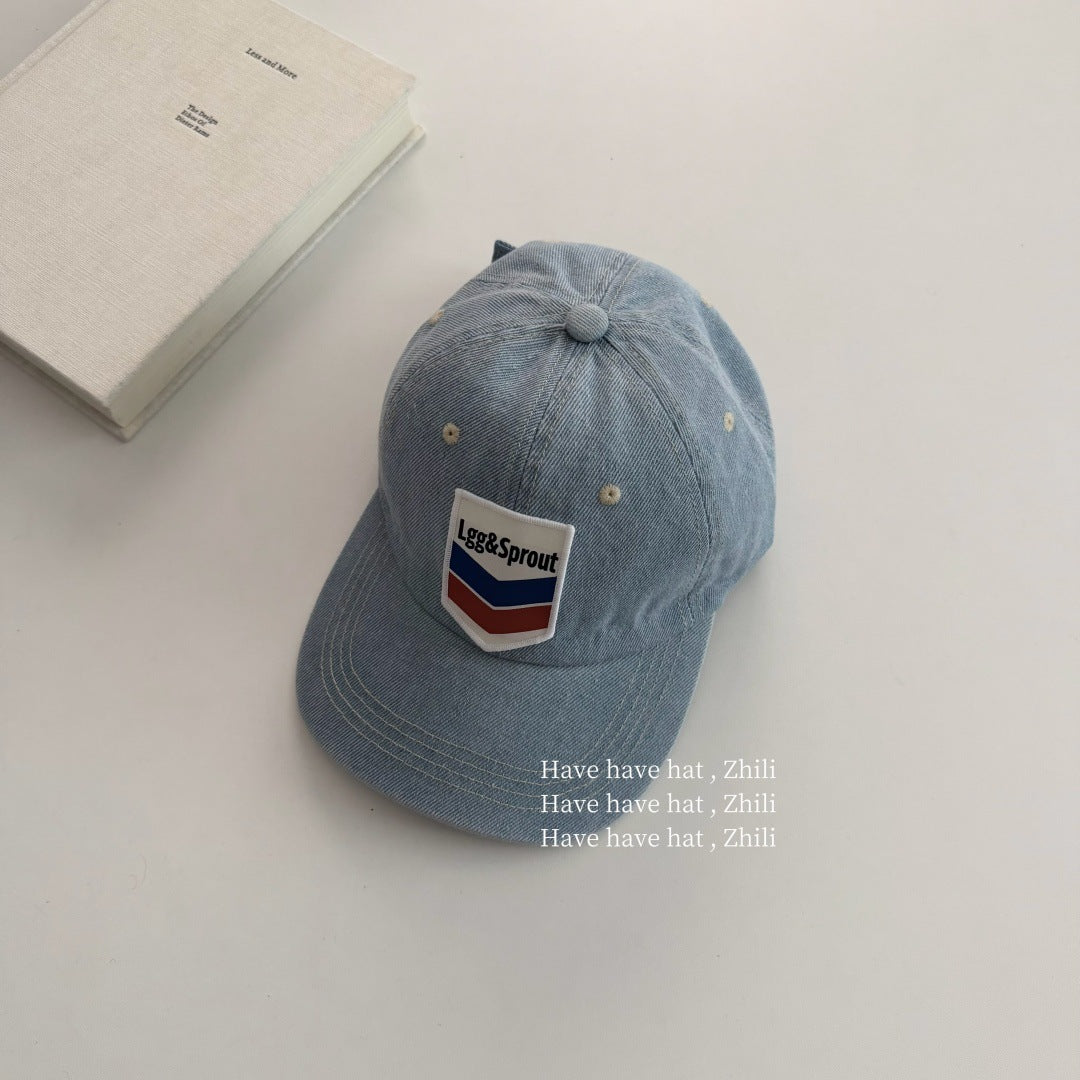 Retro Unisex Baseball Cap With Curved Brim, Denim Material Featuring Appliques And UV Protection
