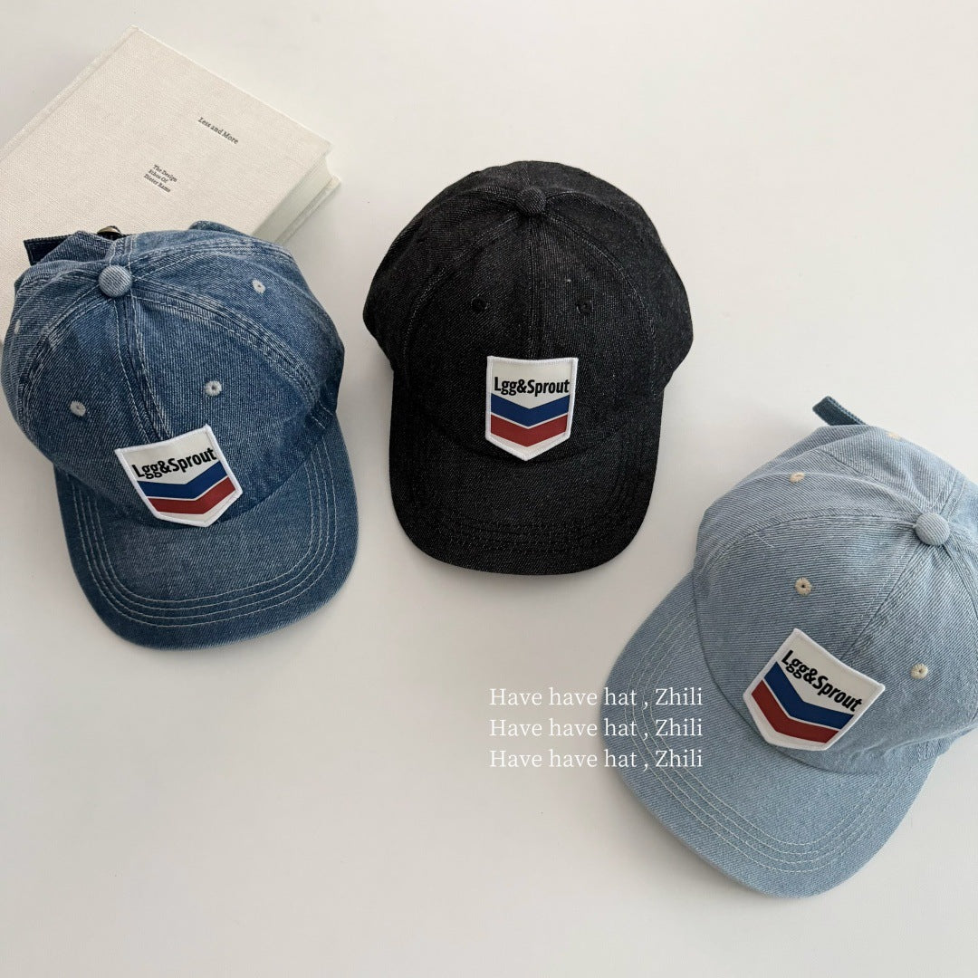 Retro Unisex Baseball Cap With Curved Brim, Denim Material Featuring Appliques And UV Protection