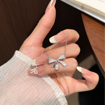 Bow Tie Pendant In 925 Sterling Silver With Moissanite Inlay, Simple Style Chain For Women