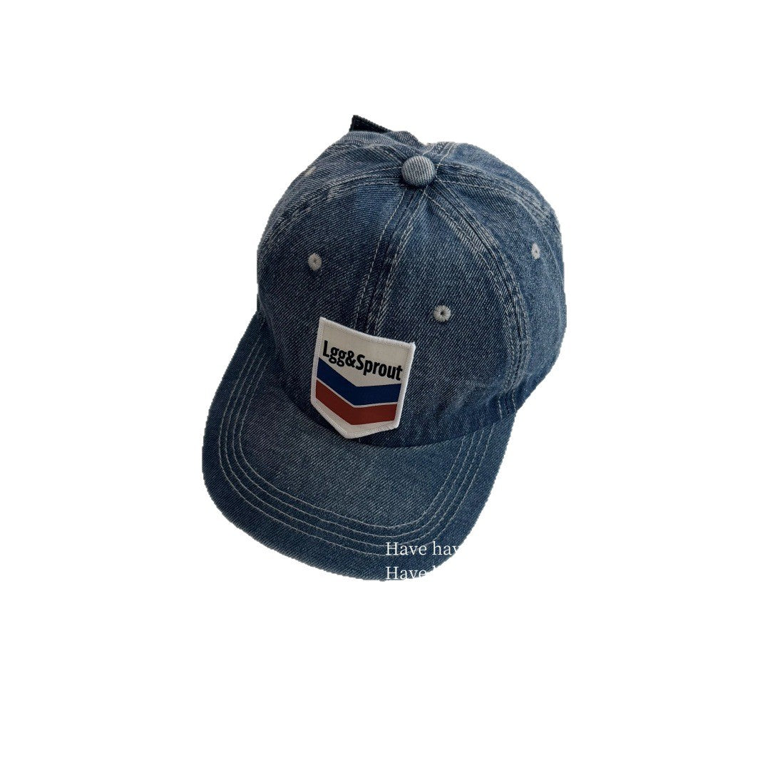 Retro Unisex Baseball Cap With Curved Brim, Denim Material Featuring Appliques And UV Protection