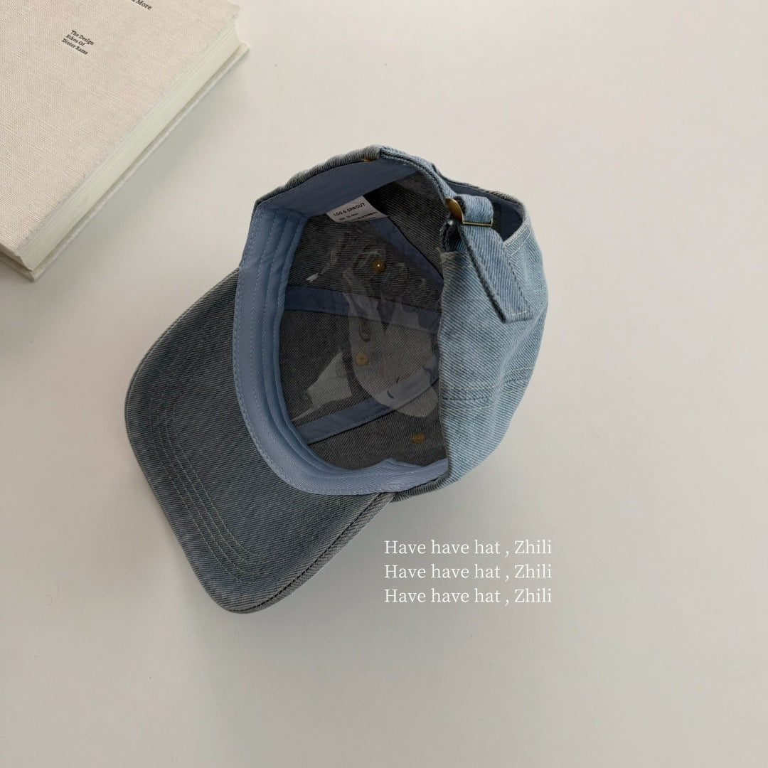 Retro Unisex Baseball Cap With Curved Brim, Denim Material Featuring Appliques And UV Protection