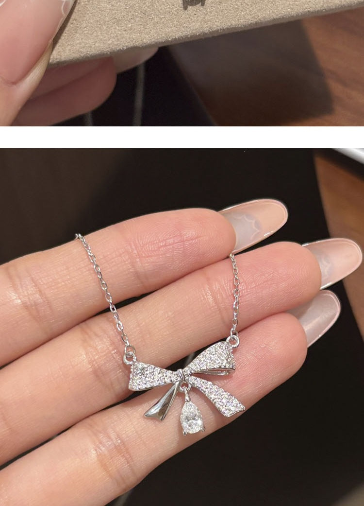 Bow Tie Pendant In 925 Sterling Silver With Moissanite Inlay, Simple Style Chain For Women