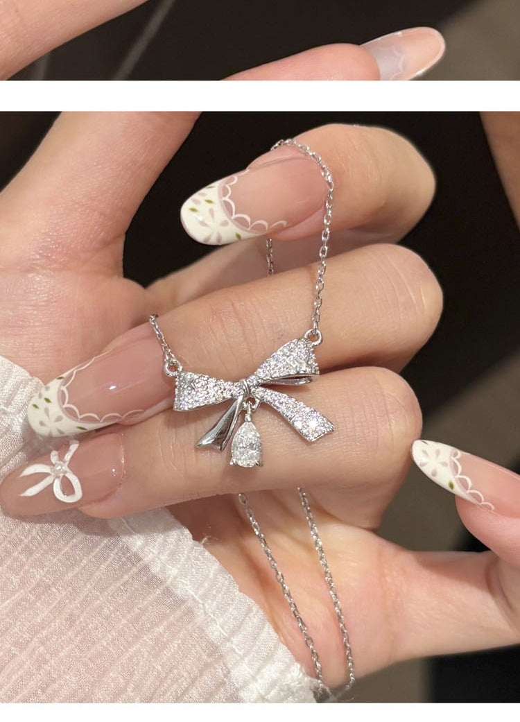 Bow Tie Pendant In 925 Sterling Silver With Moissanite Inlay, Simple Style Chain For Women