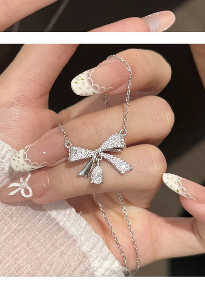 Bow Tie Pendant In 925 Sterling Silver With Moissanite Inlay, Simple Style Chain For Women