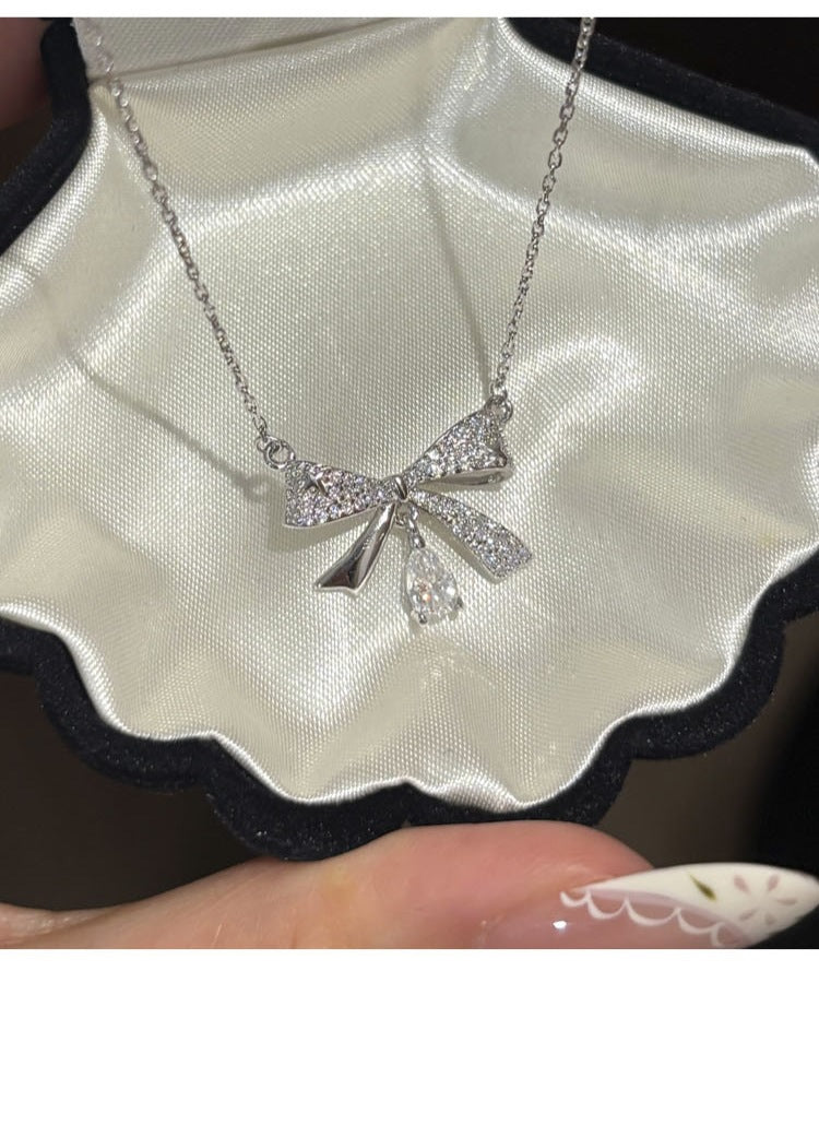 Bow Tie Pendant In 925 Sterling Silver With Moissanite Inlay, Simple Style Chain For Women