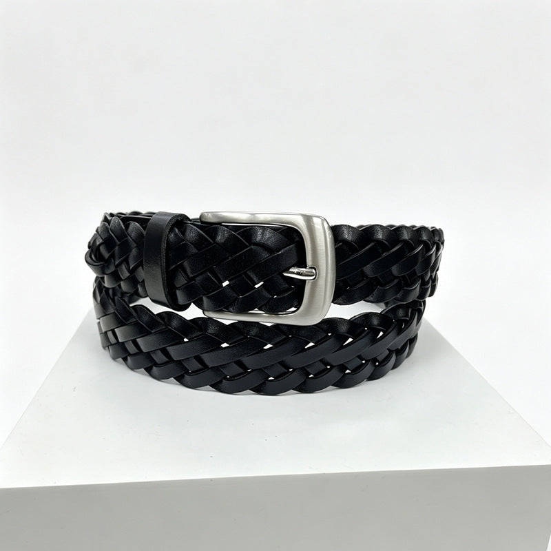 Retro Unisex Genuine Leather Braided Belt With Alloy Pin Buckle Featuring Solid Color Braid Finish