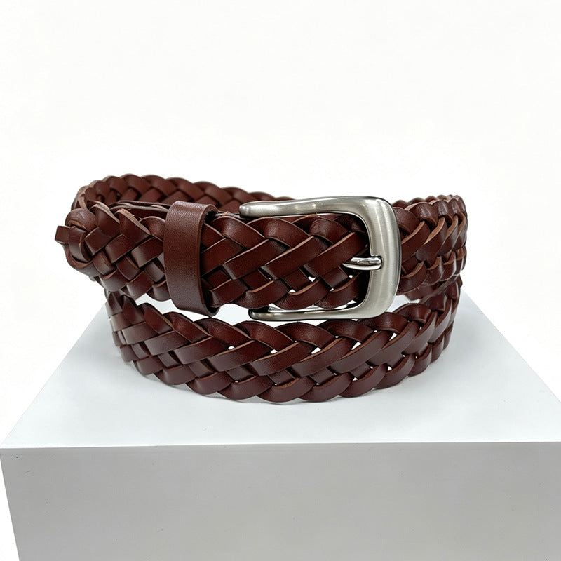 Retro Unisex Genuine Leather Braided Belt With Alloy Pin Buckle Featuring Solid Color Braid Finish