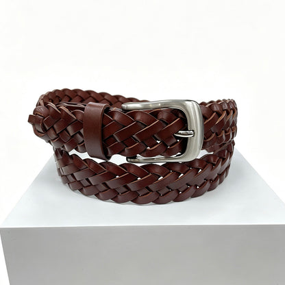Retro Unisex Genuine Leather Braided Belt With Alloy Pin Buckle Featuring Solid Color Braid Finish