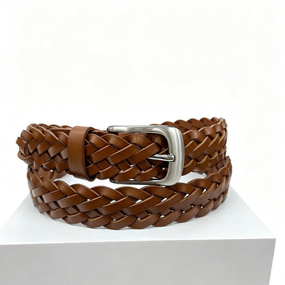 Retro Unisex Genuine Leather Braided Belt With Alloy Pin Buckle Featuring Solid Color Braid Finish