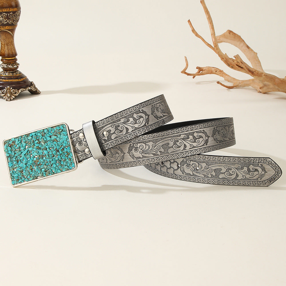 Men's Retro Floral PU Leather Belt With Embossing And Smooth Zinc Alloy Buckle