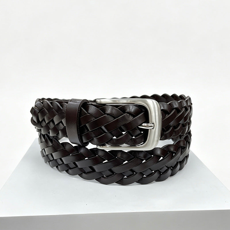 Retro Unisex Genuine Leather Braided Belt With Alloy Pin Buckle Featuring Solid Color Braid Finish