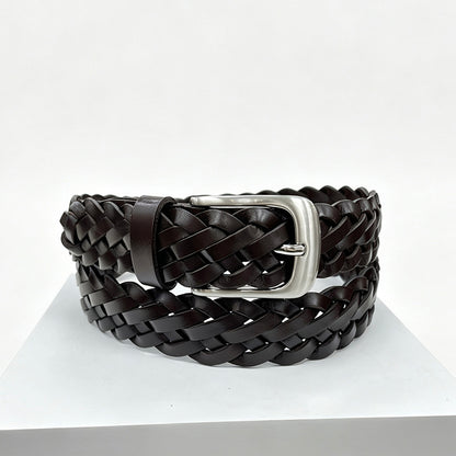 Retro Unisex Genuine Leather Braided Belt With Alloy Pin Buckle Featuring Solid Color Braid Finish