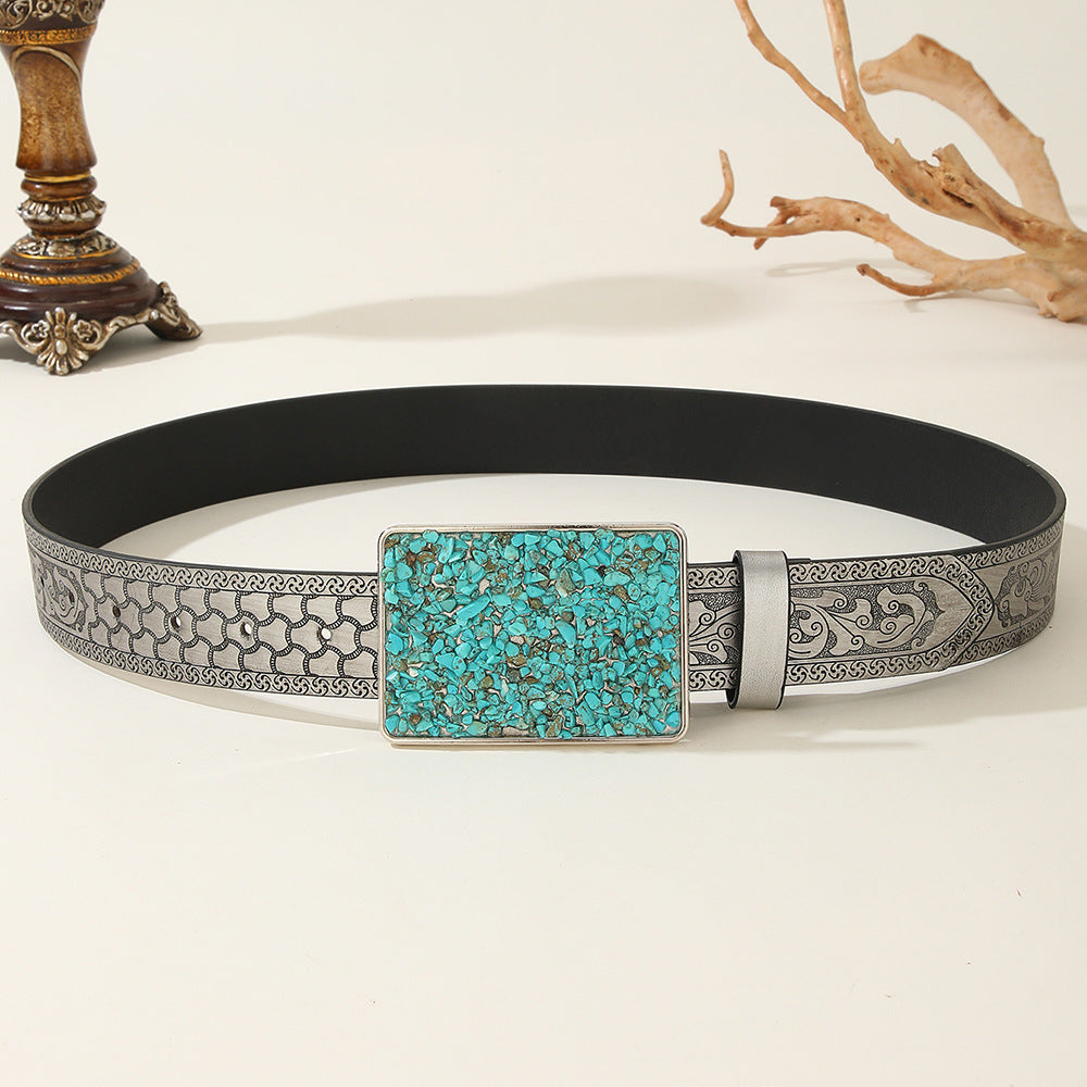 Men's Retro Floral PU Leather Belt With Embossing And Smooth Zinc Alloy Buckle