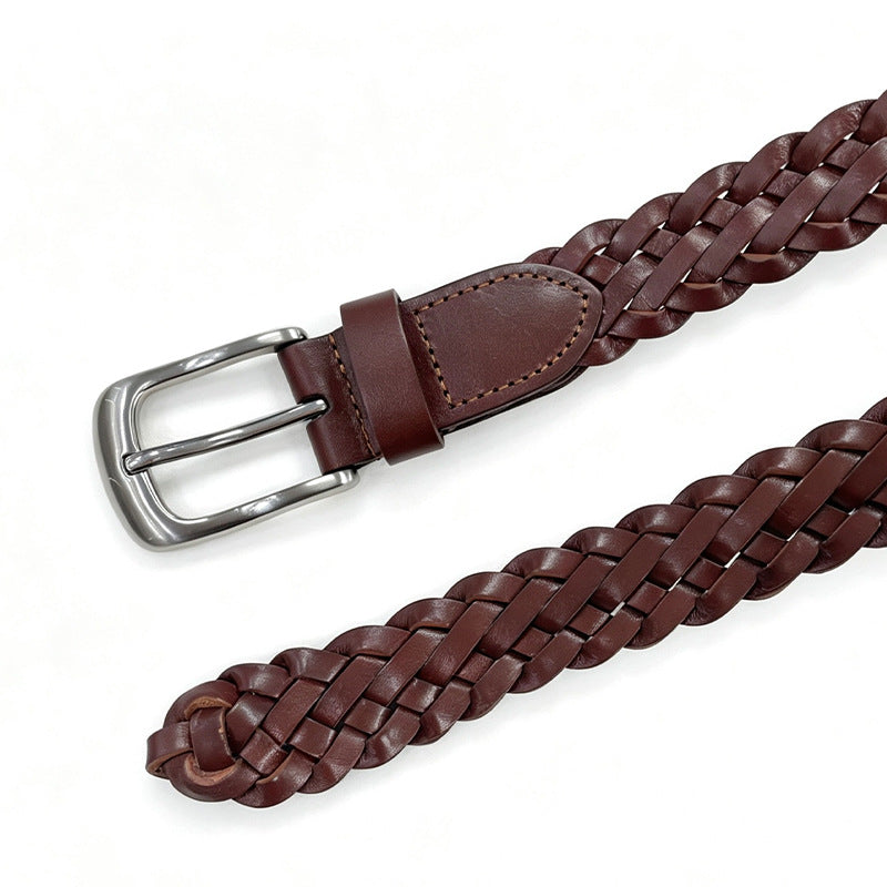 Retro Unisex Genuine Leather Braided Belt With Alloy Pin Buckle Featuring Solid Color Braid Finish