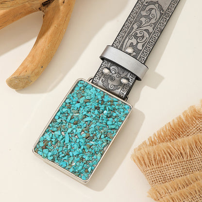 Men's Retro Floral PU Leather Belt With Embossing And Smooth Zinc Alloy Buckle
