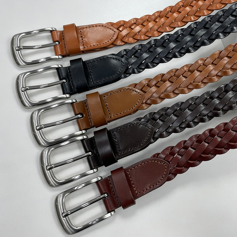 Retro Unisex Genuine Leather Braided Belt With Alloy Pin Buckle Featuring Solid Color Braid Finish