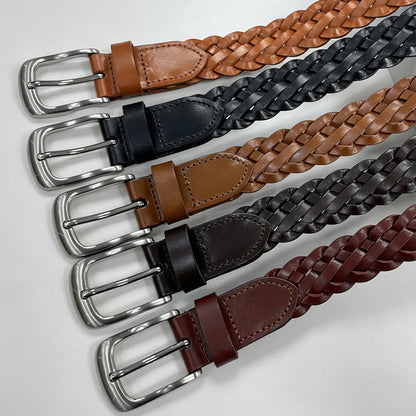 Retro Unisex Genuine Leather Braided Belt With Alloy Pin Buckle Featuring Solid Color Braid Finish