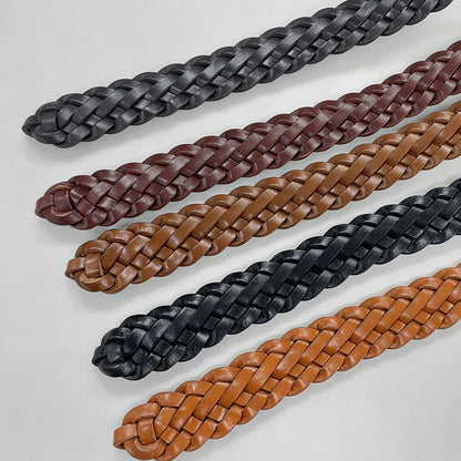 Retro Unisex Genuine Leather Braided Belt With Alloy Pin Buckle Featuring Solid Color Braid Finish