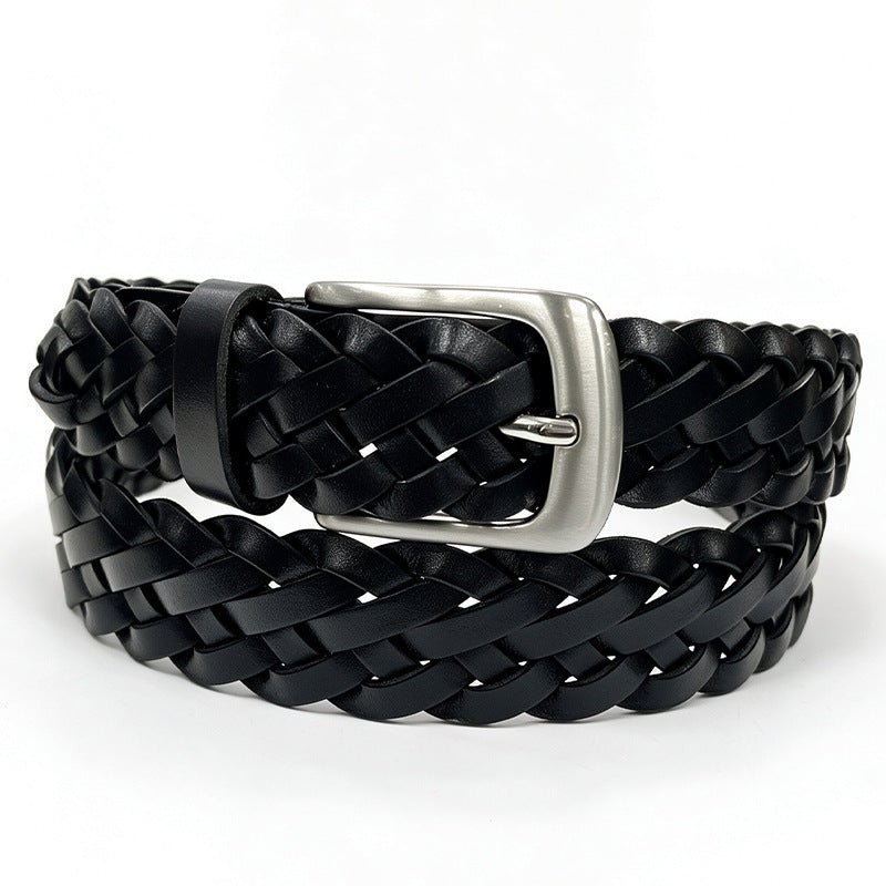 Retro Unisex Genuine Leather Braided Belt With Alloy Pin Buckle Featuring Solid Color Braid Finish