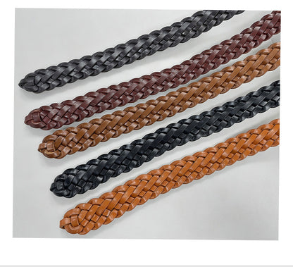 Retro Unisex Genuine Leather Braided Belt With Alloy Pin Buckle Featuring Solid Color Braid Finish